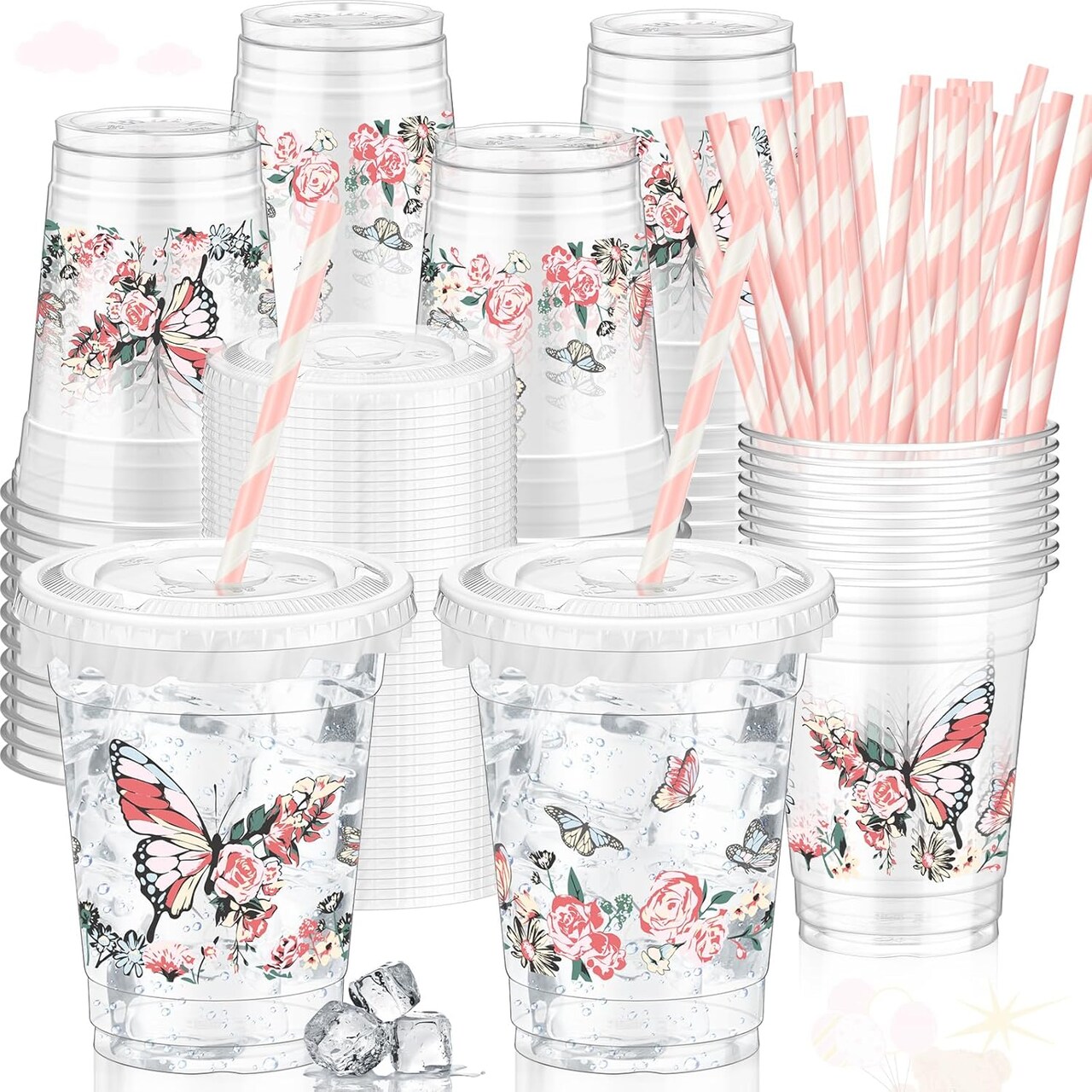 50 Pcs 12 oz Disposable Plastic Cups with Straws, Lids and Leakproof Paper Clear Birthday Party Cups Supplies Birthday Table Decorations